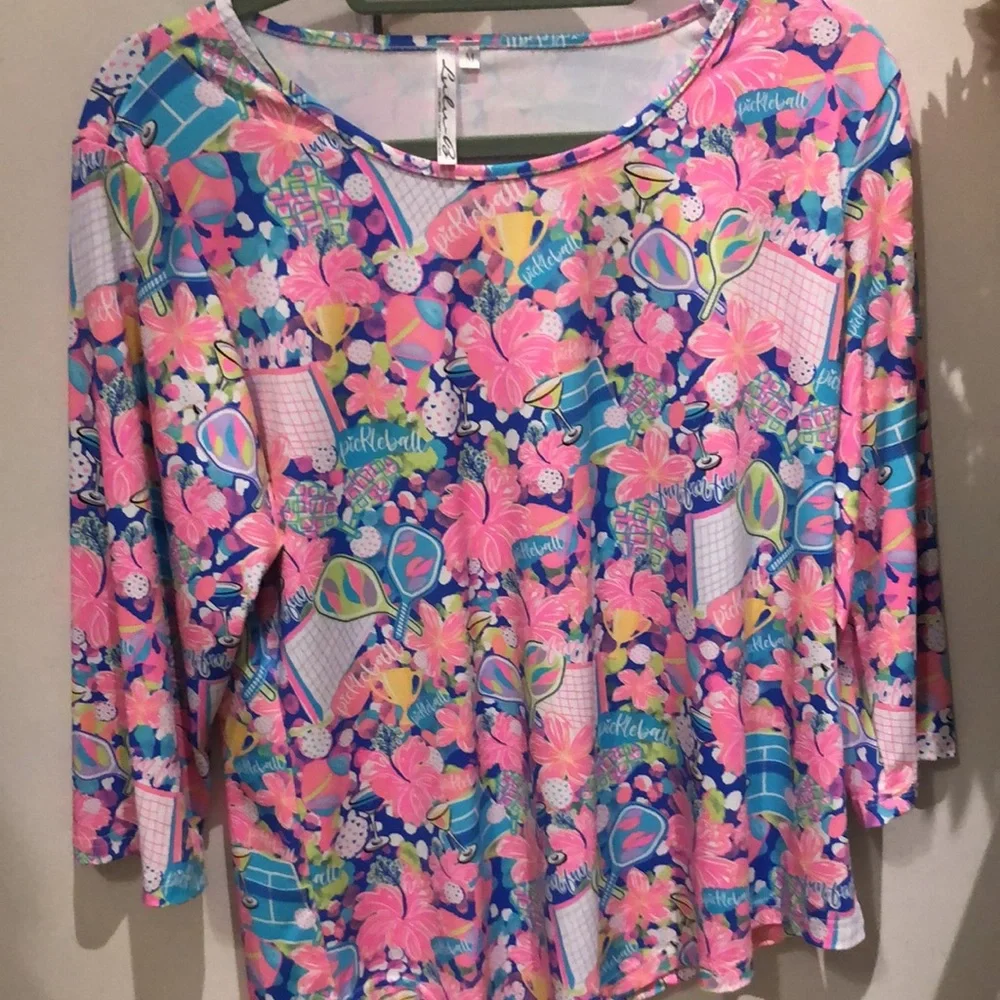 Lulu B. brightly colored pattern w Pickleball theme, rackets, martini glasses - Picture 2 of 8